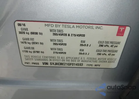 2016 Tesla Model X 60D/70D/75D/90D/P100D from USA, damaged, VIN 5YJXCBE21GF014593